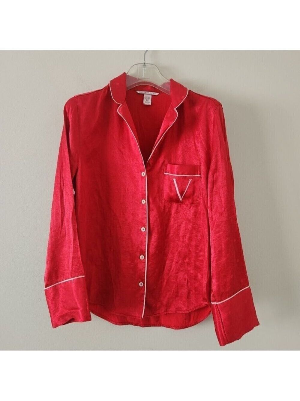VICTORIA'S SECRET | Satin pajama top shirt red polka dot embroidered sz XS